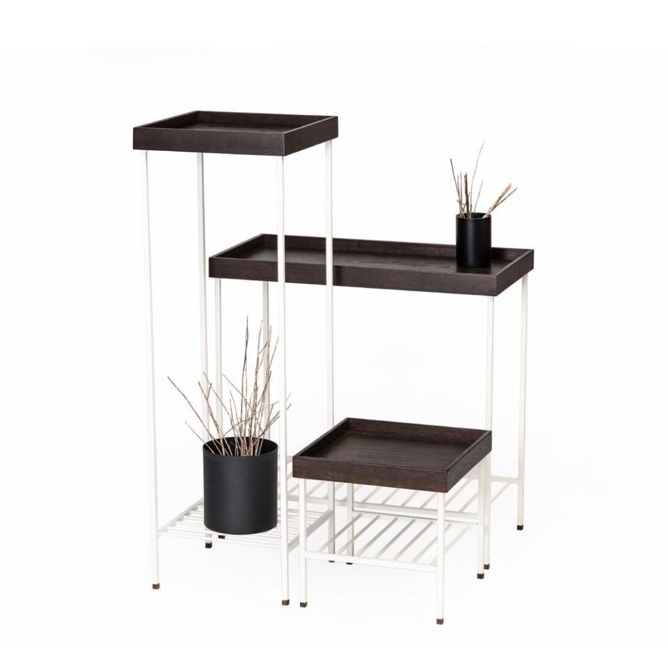 Solid Wood Side Table / Flower Pot Set – EDGE Series, Metal Leg Dark - WHITE