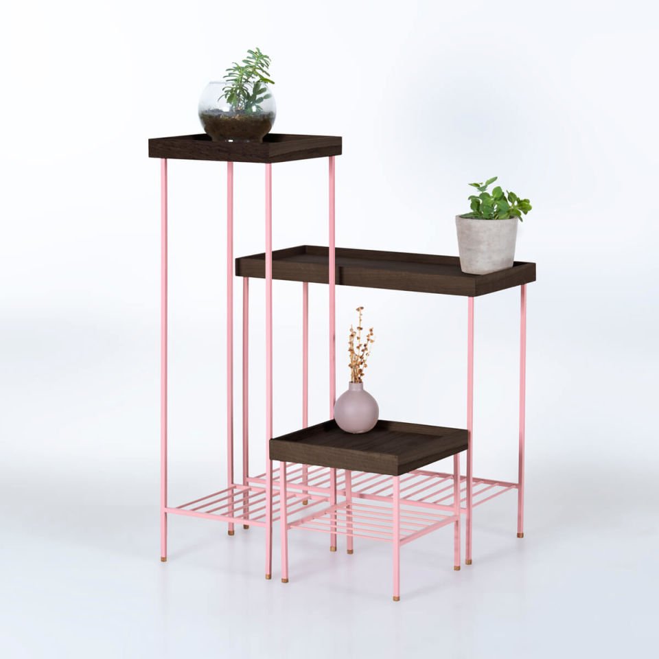 Solid Wood Side Table / Flower Pot Set – EDGE Series, Metal Leg Dark - PINK