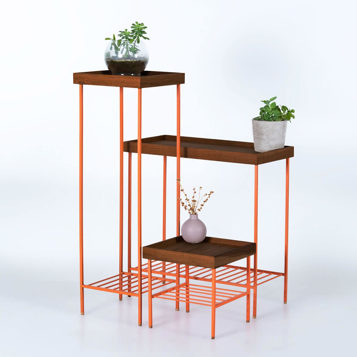 Masif Ahşap Yan Sehpa / Saksılık Set– EDGE Serisi, Metal Ayaklı Forest - TURUNCU