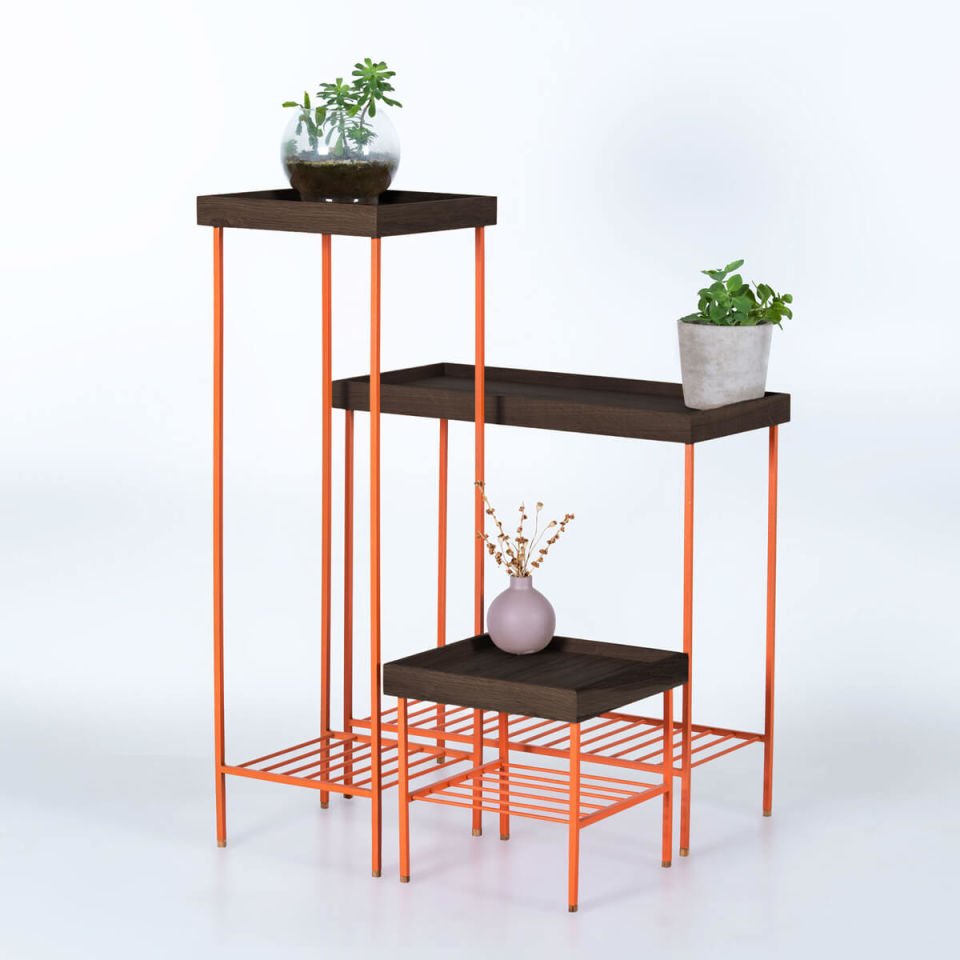 Masif Ahşap Yan Sehpa / Saksılık Set– EDGE Serisi, Metal Ayaklı Dark - TURUNCU