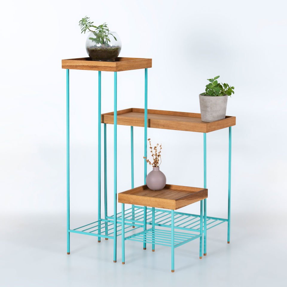 Solid Wood Side Table / Flower Pot Set – EDGE Series, Metal Leg Honey - GREEN