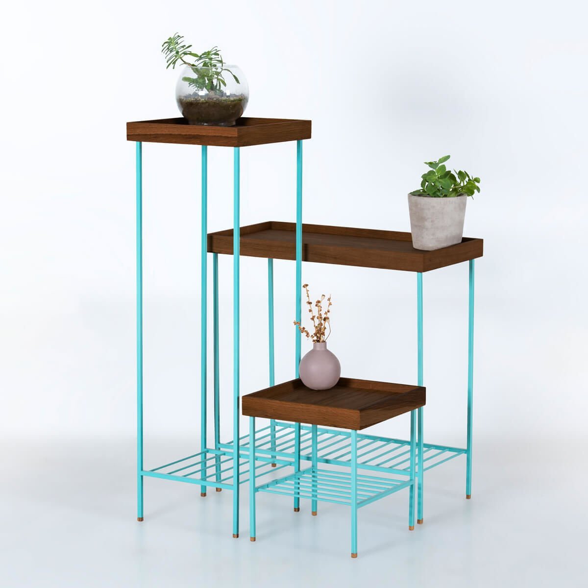 Masif Ahşap Yan Sehpa / Saksılık Set– EDGE Serisi, Metal Ayaklı Forest - YEŞİL