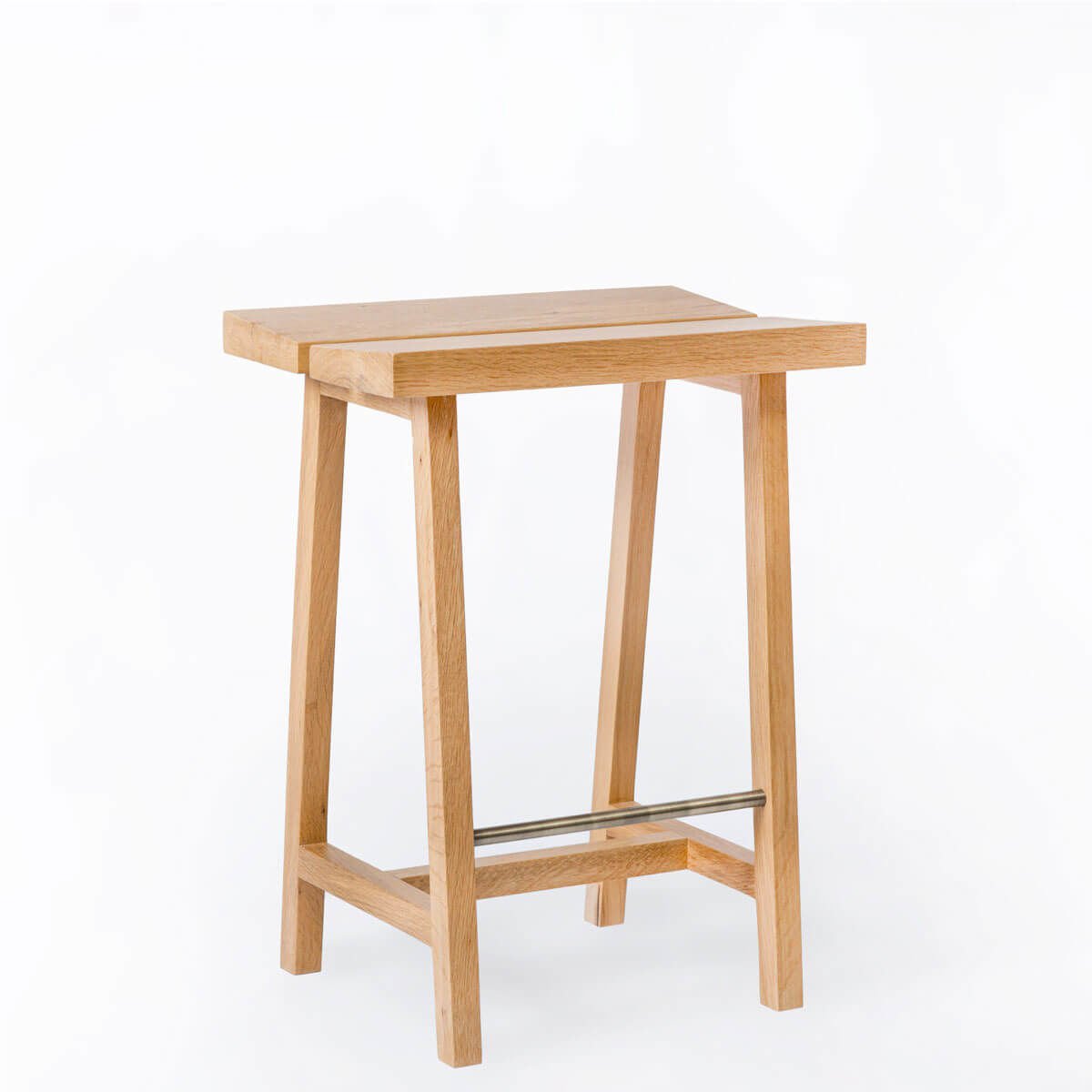 Solid Oak Low Bar Stool – PI Series, Brass Detailed Honey