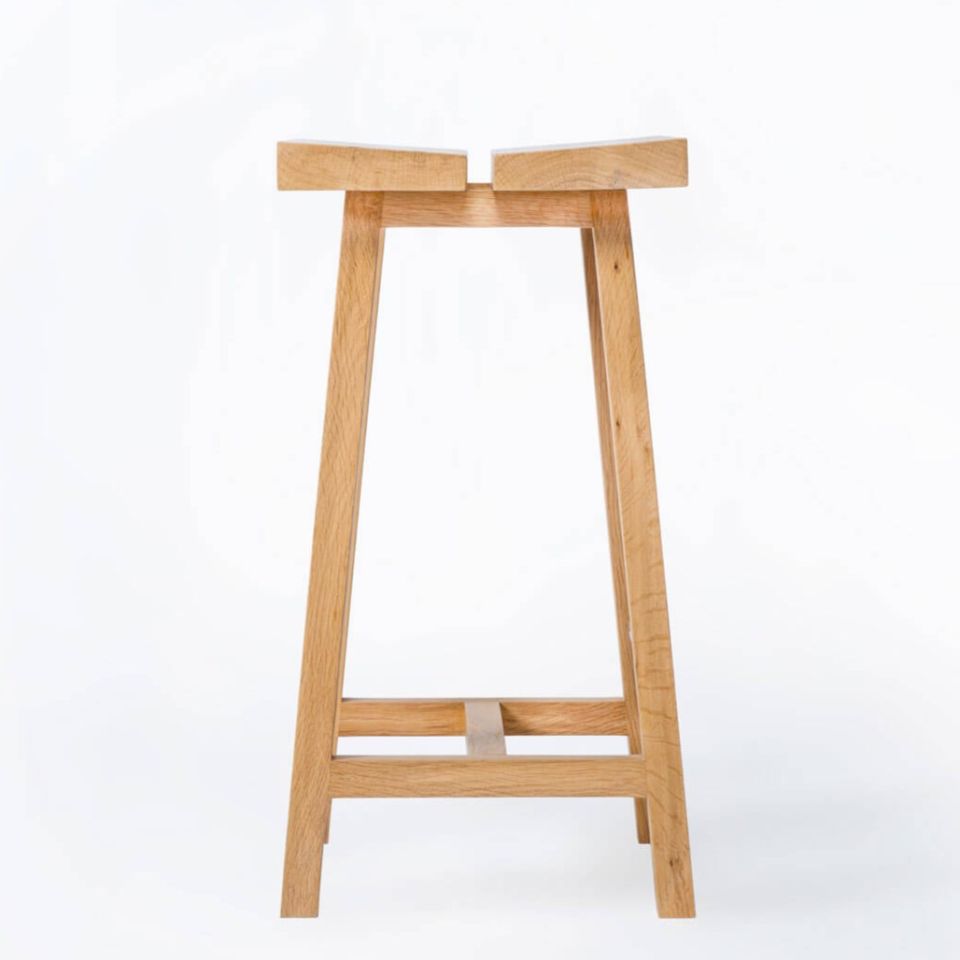 Solid Oak Low Bar Stool – PI Series, Brass Detailed Honey
