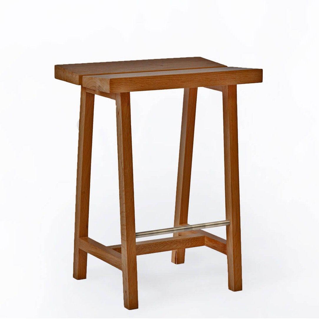 Solid Oak Low Bar Stool – PI Series, Brass Detail Forest