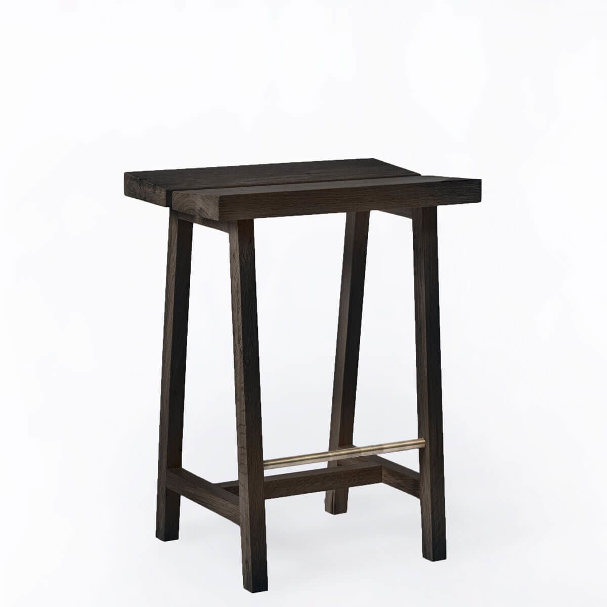 Solid Oak Low Bar Stool – PI Series, Dark with Brass Details