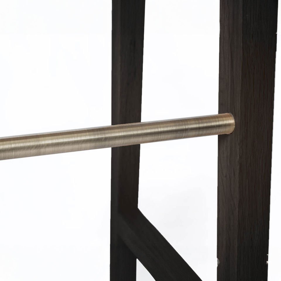 Solid Oak Low Bar Stool – PI Series, Dark with Brass Details