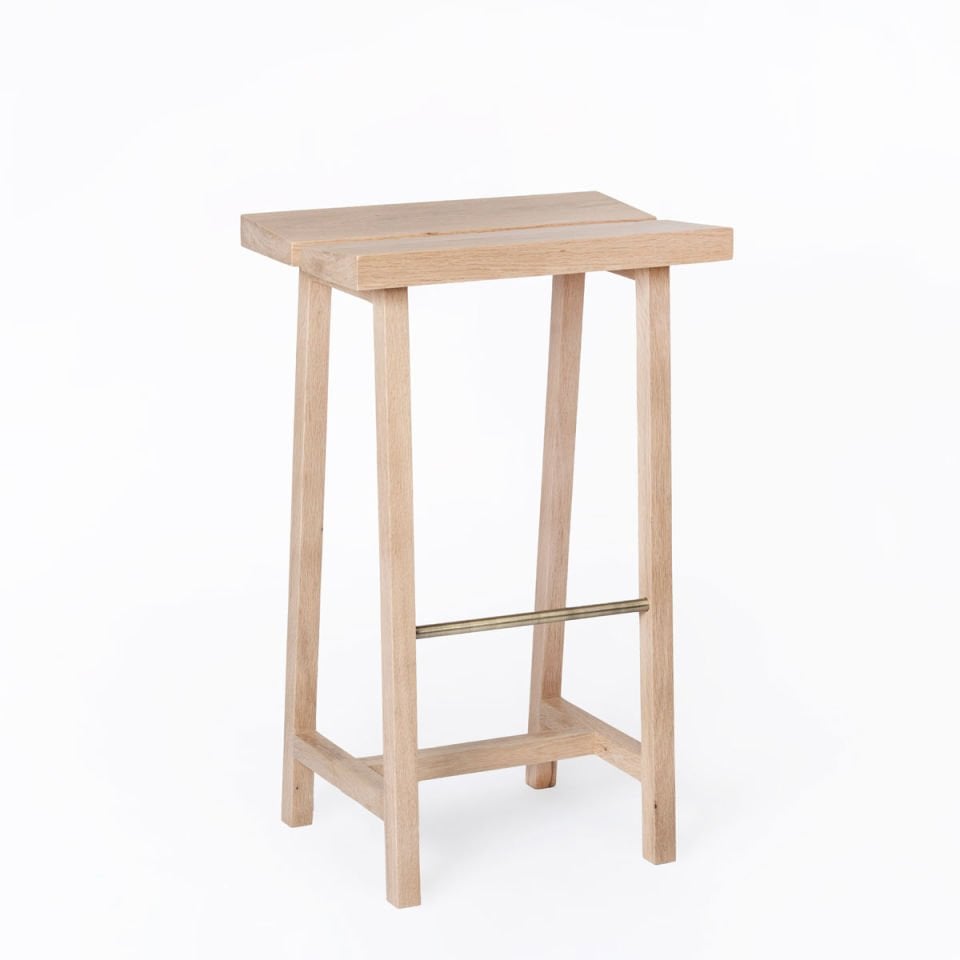 Solid Oak High Bar Stool – PI Series, Raw with Brass Details