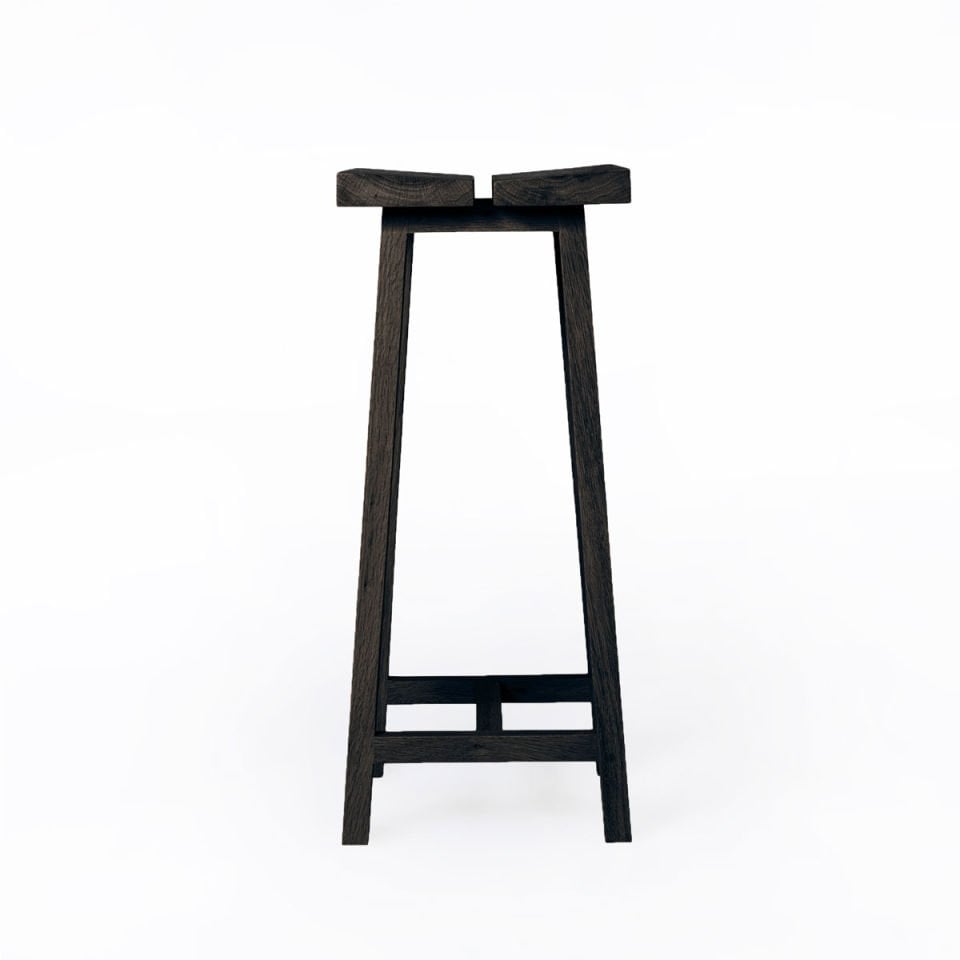 Solid Oak High Bar Stool – PI Series, Dark with Brass Details