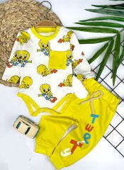3-6-9-12 Ay Tweety Baskılı Yaka Çıtçıtlı Uzun Kollu Zıbınlı 2li Kız Erkek Bebek Takımı