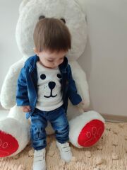 9-12-18-24 Ay Kot Kumaş Kapşonlu Uzun Kol Sweatli Kot Kumaş 3lü Erkek Bebek Takımı