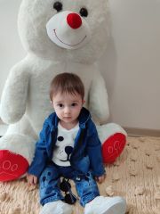9-12-18-24 Ay Kot Kumaş Kapşonlu Uzun Kol Sweatli Kot Kumaş 3lü Erkek Bebek Takımı