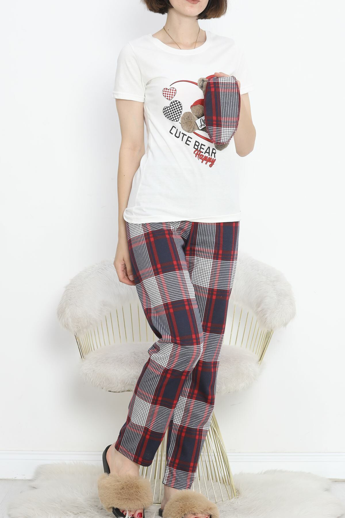 Desenli Pijama Takımı Beyazkahve - 18735.1567.