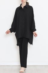 Oversize Keten Gömlek Siyah - 1185.1289.