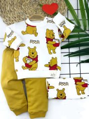 9-12-18-24 Ay Pooh Baskılı Yaka Çıtçıtlı Uzun Kollu Sweatli 2li Kız Erkek Bebek Takımı