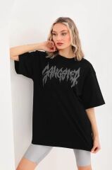 Unisex Taş Desenli Oversize T-Shirt - Siyah