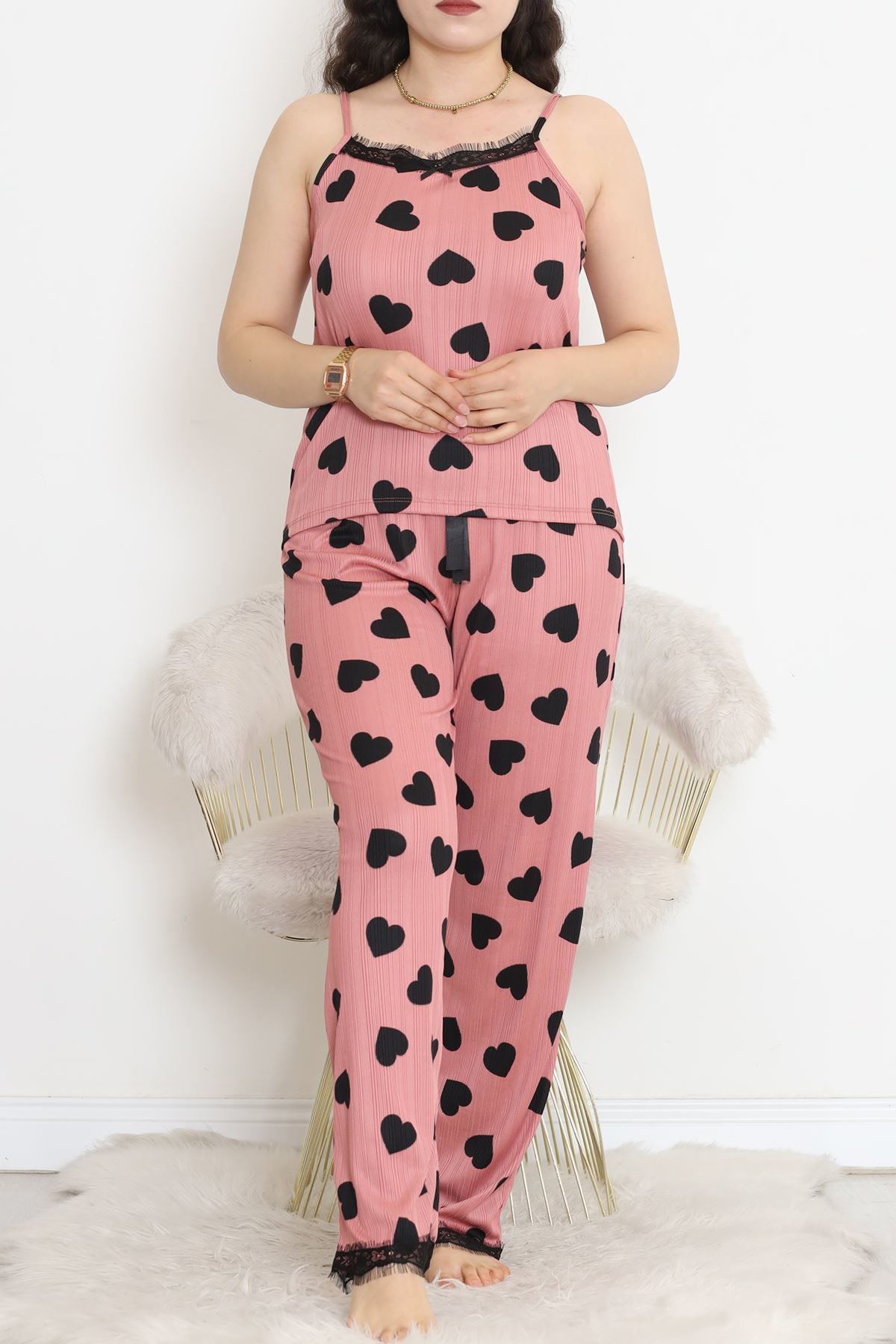 İp Askılı Battal Pijama Takımı Gül - 174.1287.