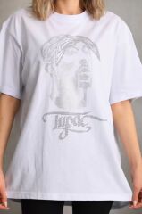 Unisex Taş Desenli Oversize T-Shirt - Beyaz