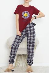 Paça Lastikli Pijama Takımı Bordoçiçekli - 18736.1567.