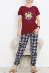 Paça Lastikli Pijama Takımı Bordoçiçekli - 18736.1567.
