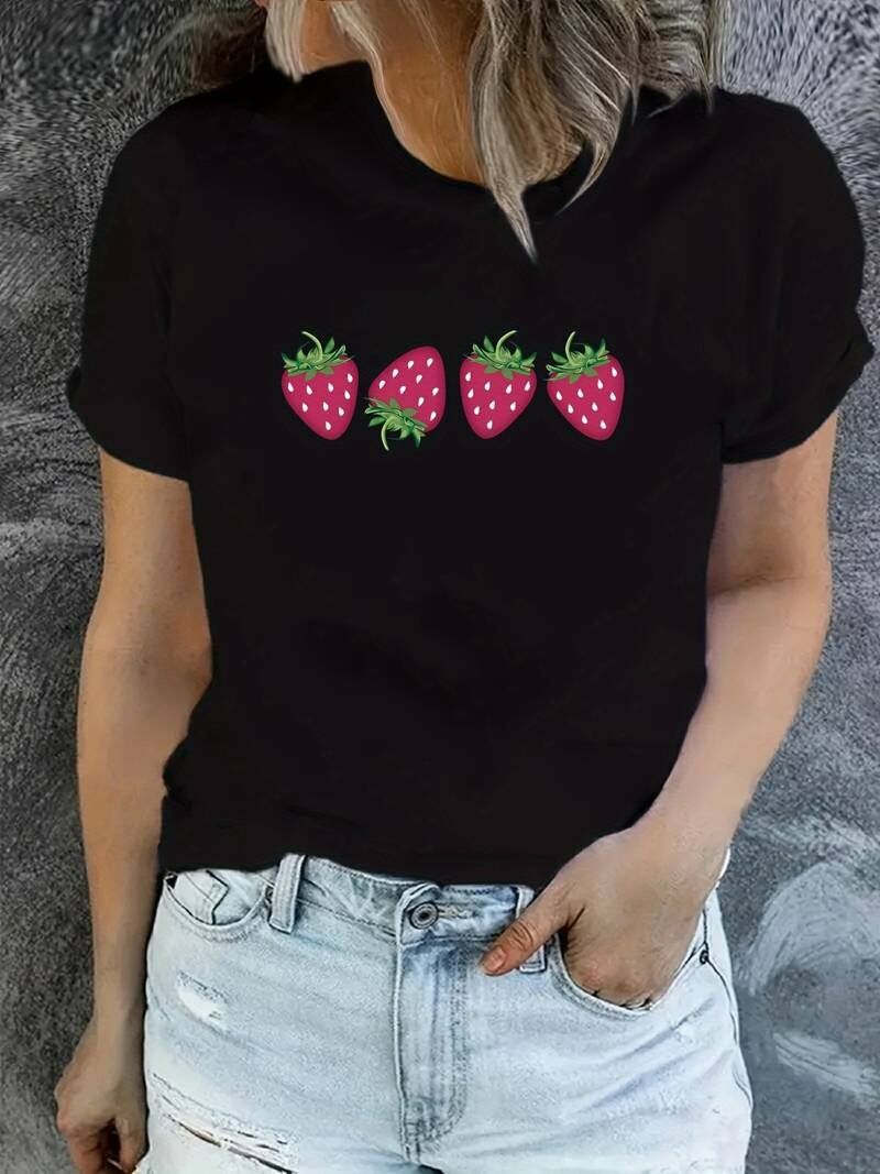 Kadın Kısa Kollu Bisiklet Yaka çilek Desenli Bluz