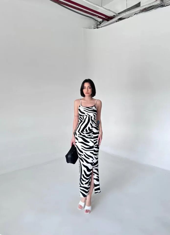 Leopar Desenlı Elbise - Beyaz