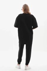 Unisex Taşlı T-Shirt Ve Eşofman Takımı - Siyah