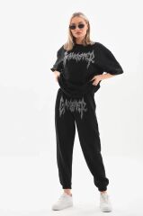 Unisex Taşlı T-Shirt Ve Eşofman Takımı - Siyah