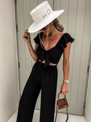 Kadın Keten Kumaş Fiyonk Detaylı Fırfır Askılı Pantolon Crop Ikili Takım