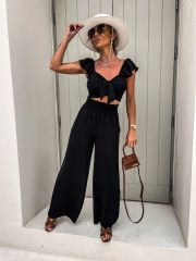 Kadın Keten Kumaş Fiyonk Detaylı Fırfır Askılı Pantolon Crop Ikili Takım