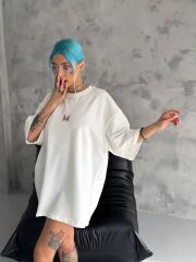 Unisex Taşlı Bisiklet Yaka T-Shirt - Beyaz