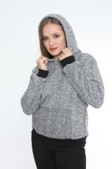 Kadın Kanguru çep Ribana Detay Kapşonlu Peluş Sweat