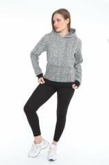 Kadın Kanguru çep Ribana Detay Kapşonlu Peluş Sweat