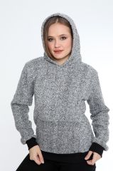 Kadın Kanguru çep Ribana Detay Kapşonlu Peluş Sweat