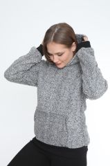 Kadın Kanguru çep Ribana Detay Kapşonlu Peluş Sweat