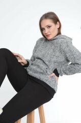 Kadın Kanguru çep Ribana Detay Kapşonlu Peluş Sweat