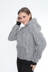 Kadın Kanguru çep Ribana Detay Kapşonlu Peluş Sweat