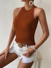 Kadın Halter Yaka Mini Baklava Desenli Triko Bluz