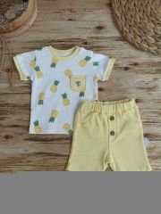 3-6 6-9 9-12 Ay Ananas Baskılı Şort Tişört 2 Li Kız Erkek Bebek Takımı