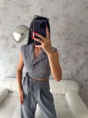 Kadın örme Krep Kumaş çizgi Desenli Kuşak Detaylı Ceket Ve Pantolon Takım
