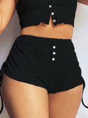 Kadın Ip Askılı Crop Bluz Ve Yanlardan Büzgülü Ikili Kaşkorse Short Takım