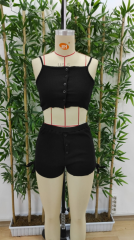 Kadın Ip Askılı Crop Bluz Ve Yanlardan Büzgülü Ikili Kaşkorse Short Takım