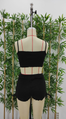 Kadın Ip Askılı Crop Bluz Ve Yanlardan Büzgülü Ikili Kaşkorse Short Takım