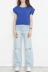 Beli Lastikli Crop Tişört Saks - 16552.1567.