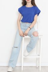 Beli Lastikli Crop Tişört Saks - 16552.1567.