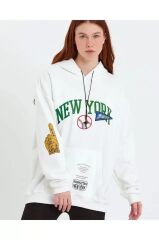Baskılı Kapüşonlu Sweatshirt - Beyaz