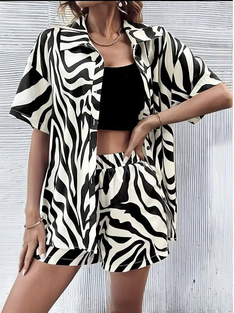 Kadın Zebra Desenli Pamuk-Polyester Kumaş İkili Takım