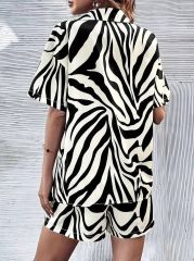 Kadın Zebra Desenli Pamuk-Polyester Kumaş İkili Takım