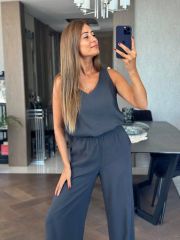 Kadın Omuz Askılı V Yaka Kolsuz Bluz Ve Ispanyol Paça Pantolon Ikili Takım