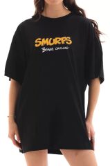 Unisex Bisiklet Yaka Baskılı Oversize T-Shirt - Siyah